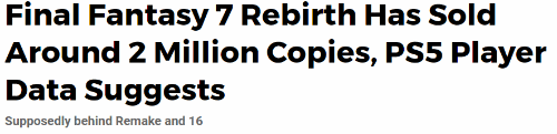 机构分析称《最终幻想7：重生》销量至少已超过200万份